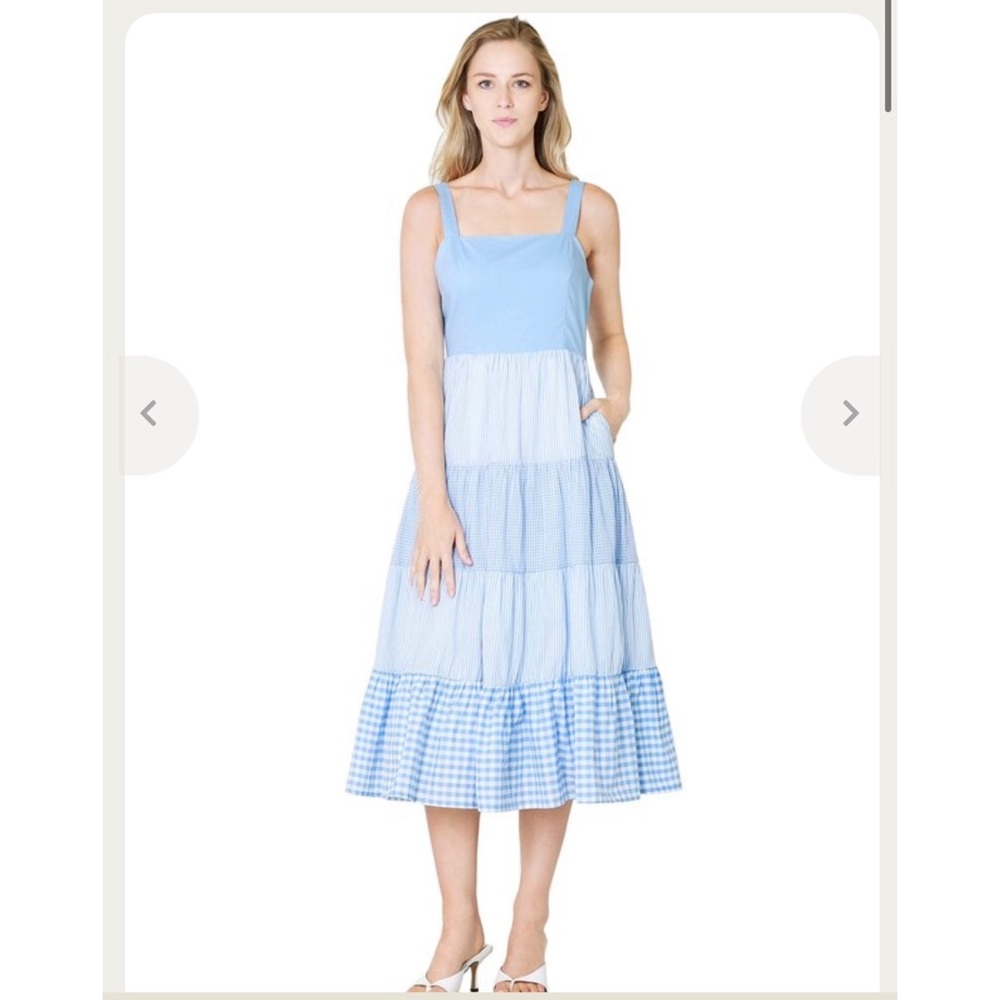 English Factory Light Blue Tiered Gingham Midi Dress - Picture 3 of 10